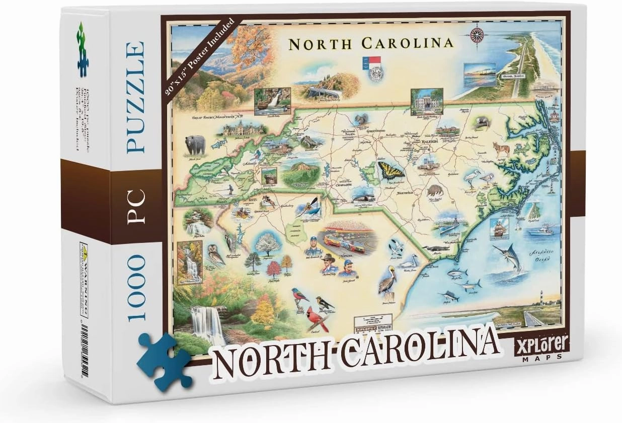 North Carolina Cardboard Jigsaw Puzzle - Educational Jigsaw Puzzle with Regional, National Parks, Tourist Spots, Landmarks for Adults, and Teens.
