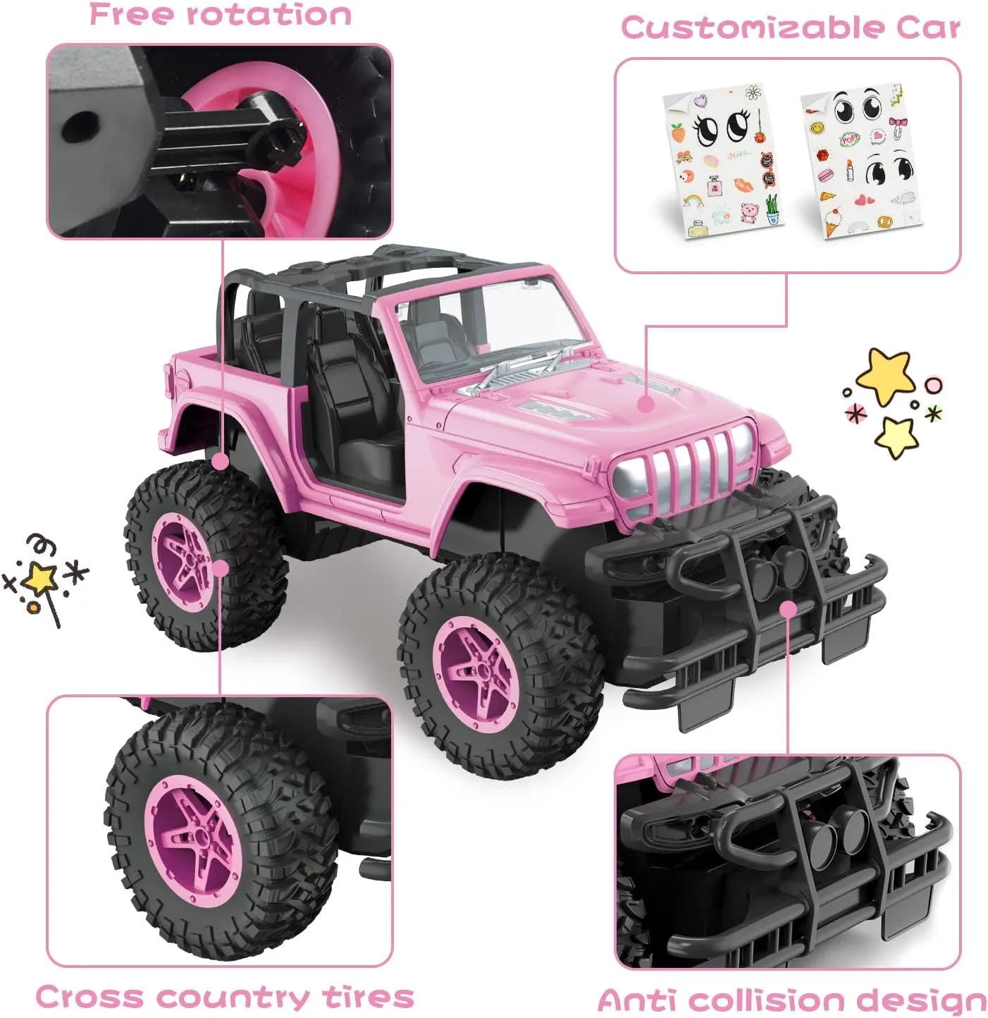 NQD RC Cars with DIY Sticker, 1:16 Scale Pink Remote Control Car for Girls, 80 Min Play 2.4Ghz Jeep RC Trucks, Little Girl Toys Birthday Xmas for 3 Years Old and Up