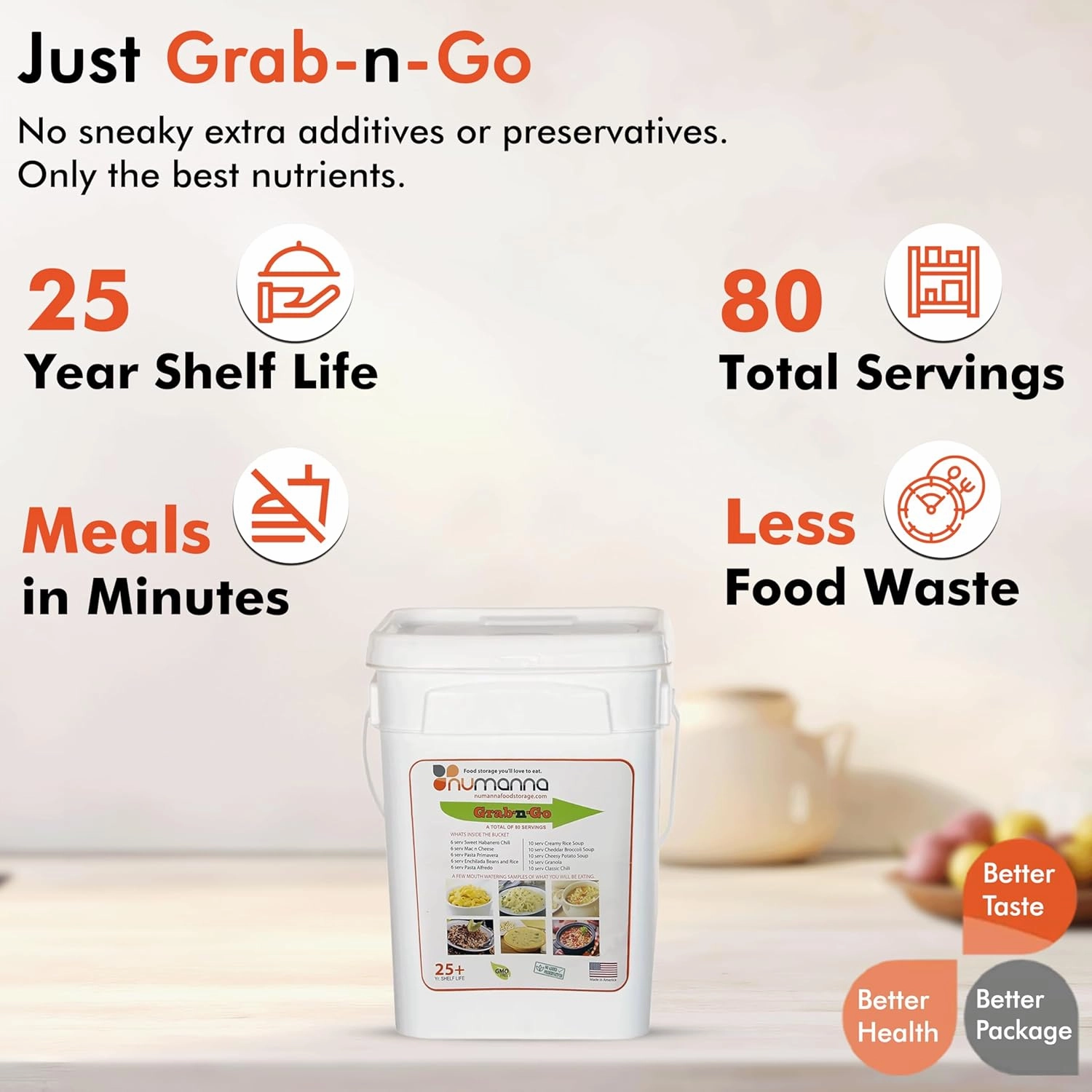 NuManna Grab-n-Go Bucket 80 Servings GMO Free, No Added Preservatives Easy to Prepare Emergency Food Storage Bucket Family Meat Survival Pack Made In USA 25  Year Shelf Life