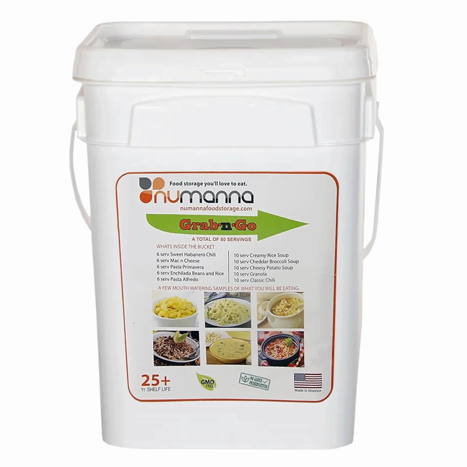 NuManna Grab-n-Go Bucket 80 Servings GMO Free, No Added Preservatives Easy to Prepare Emergency Food Storage Bucket Family Meat Survival Pack Made In USA 25  Year Shelf Life
