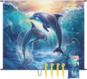 Ocean Dolphins Beach Blanket Waterproof Sandproof Sea Dolphins Extra Large Beach Mat Sand Free Quick Drying Lightweight Durable Outdoor Picnic Blanket for Travel, Camping, Hiking