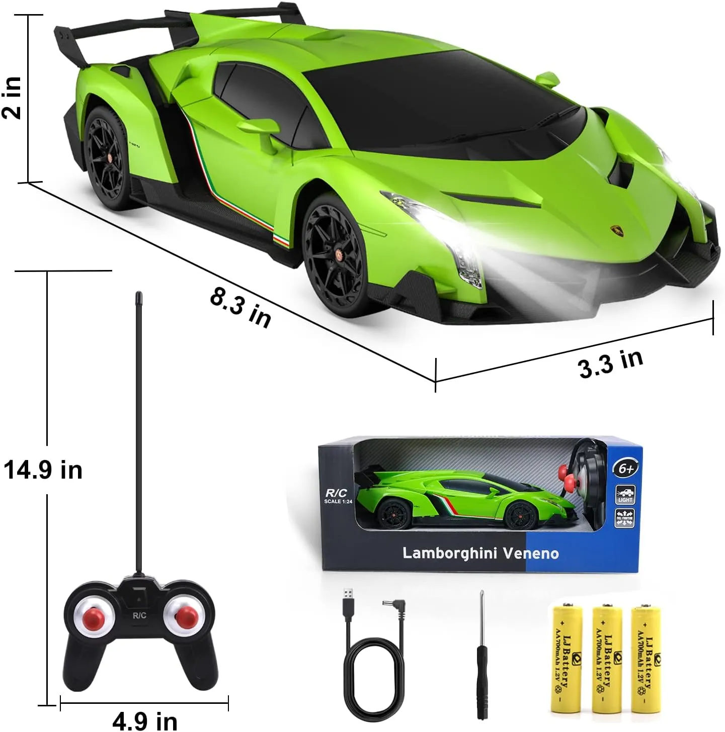 Officially Licensed Lamborghini Remote Control Car, 1:24 Scale Lambo VENENO Model Cars with LED, Lamborghini Toy Car RC Cars Christmas Birthday Gift for Boys Age 3 4-7 8-12 Year Old Kids Toys (Green)
