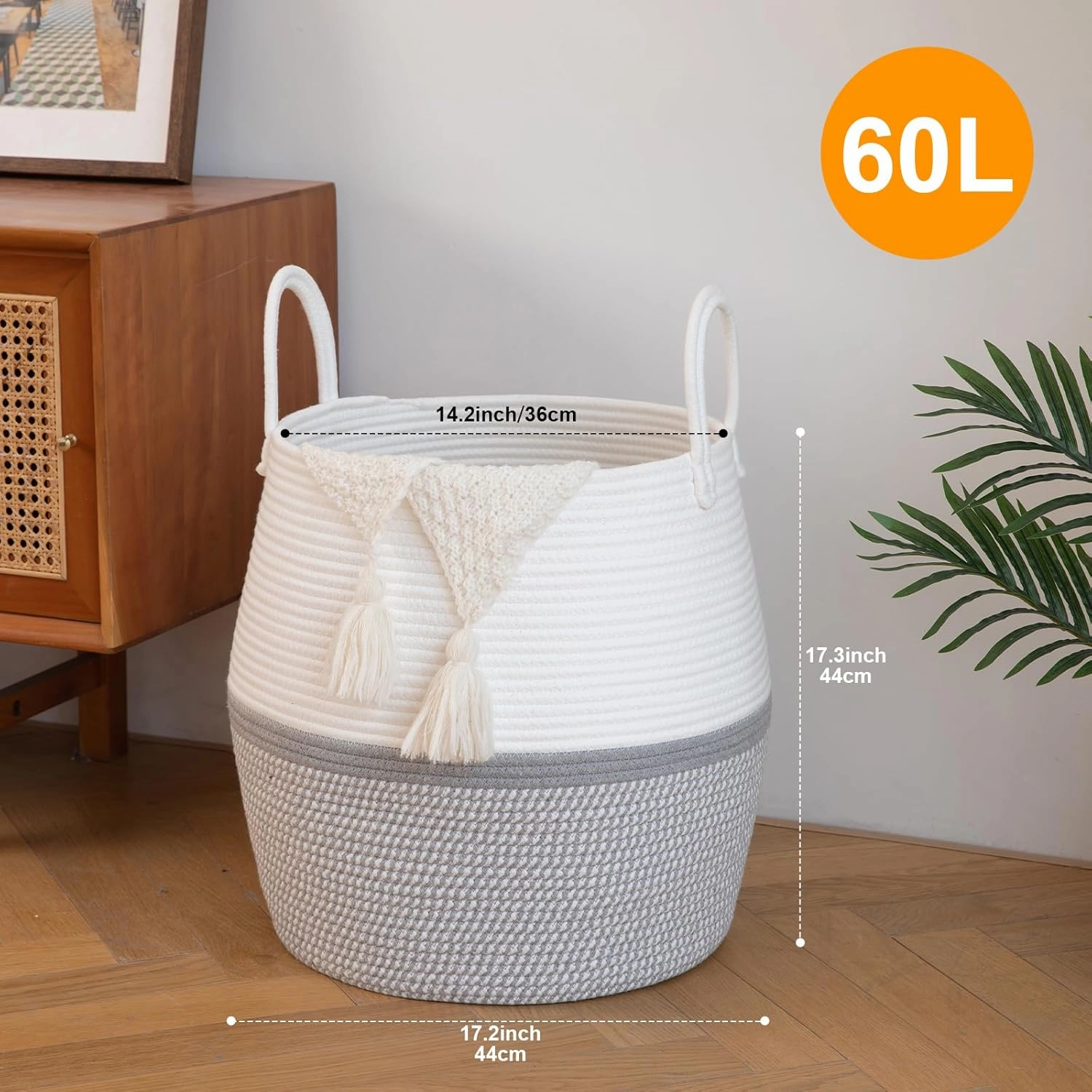 OIAHOMY 60L Blanket Basket with Handle, Storage Basket for Living Room, Laundry Hamper for Clothes, Towels, Pillows, Toy Storage for Kids and Dogs, Baby Hamper for Nursery - Grey & White