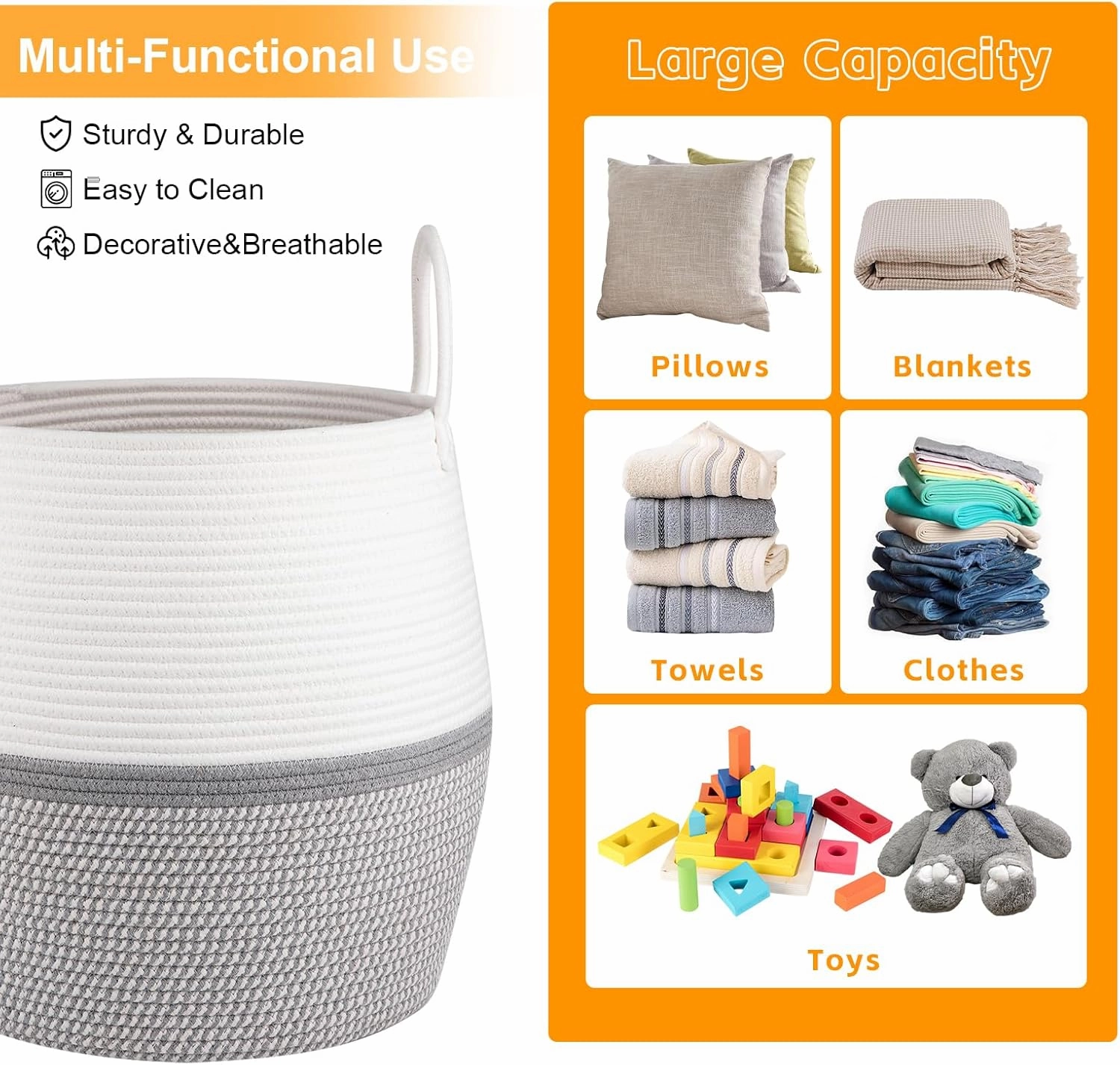 OIAHOMY 60L Blanket Basket with Handle, Storage Basket for Living Room, Laundry Hamper for Clothes, Towels, Pillows, Toy Storage for Kids and Dogs, Baby Hamper for Nursery - Grey & White
