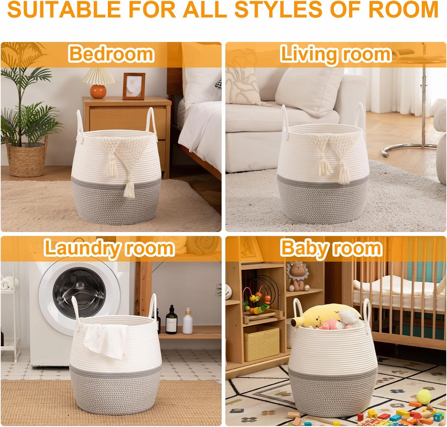 OIAHOMY 60L Blanket Basket with Handle, Storage Basket for Living Room, Laundry Hamper for Clothes, Towels, Pillows, Toy Storage for Kids and Dogs, Baby Hamper for Nursery - Grey & White