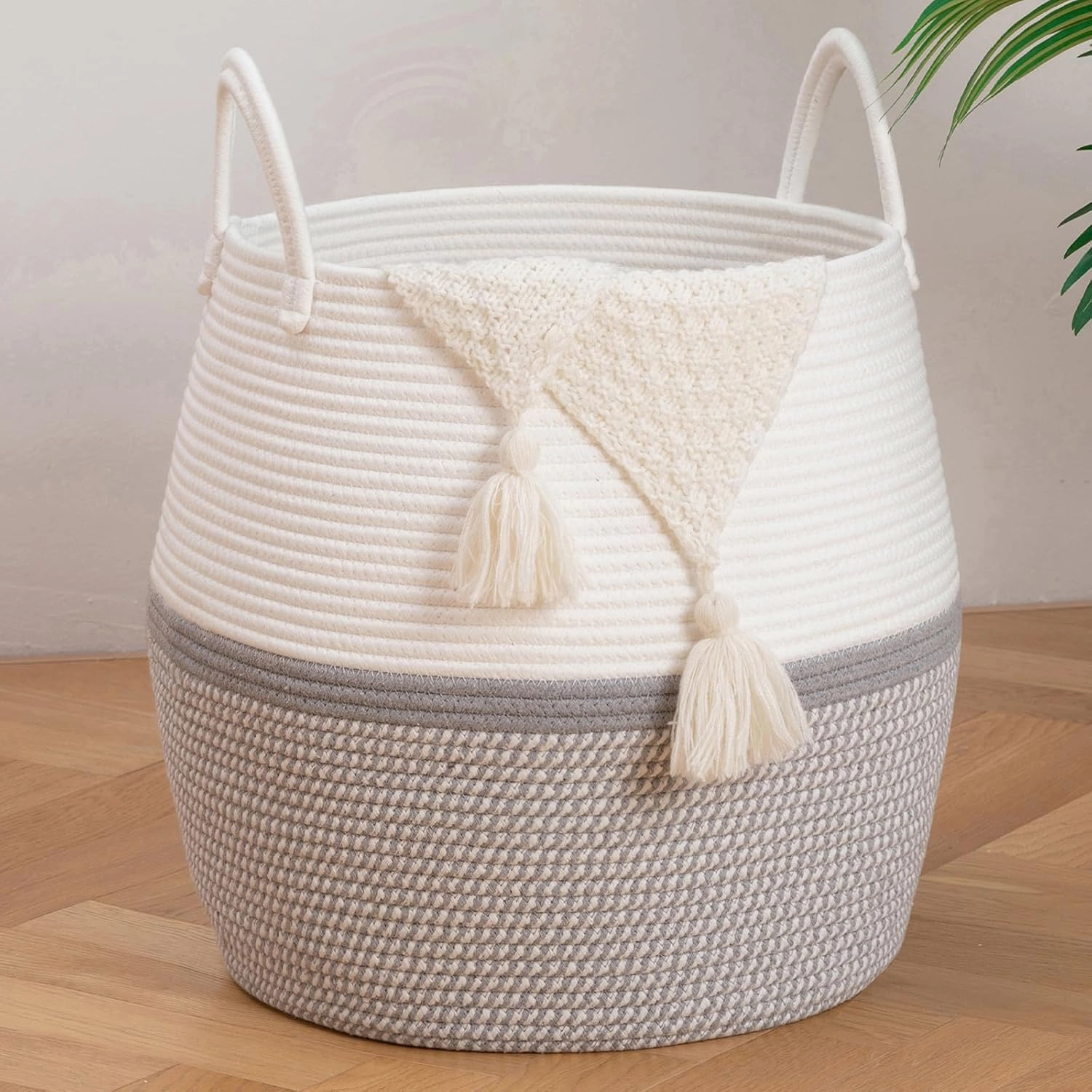 OIAHOMY 60L Blanket Basket with Handle, Storage Basket for Living Room, Laundry Hamper for Clothes, Towels, Pillows, Toy Storage for Kids and Dogs, Baby Hamper for Nursery - Grey & White