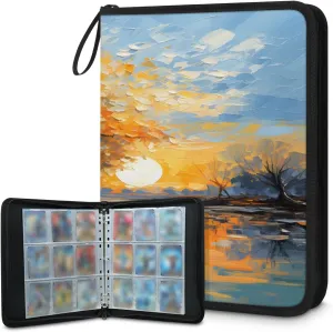 Oil Painting Tree 3 Ring Trading Zipper Binder Strap, Trading Card Binder 9 Pocket, 900 Pockets Card Holder with 50 Removable Sleeves for Game Cards