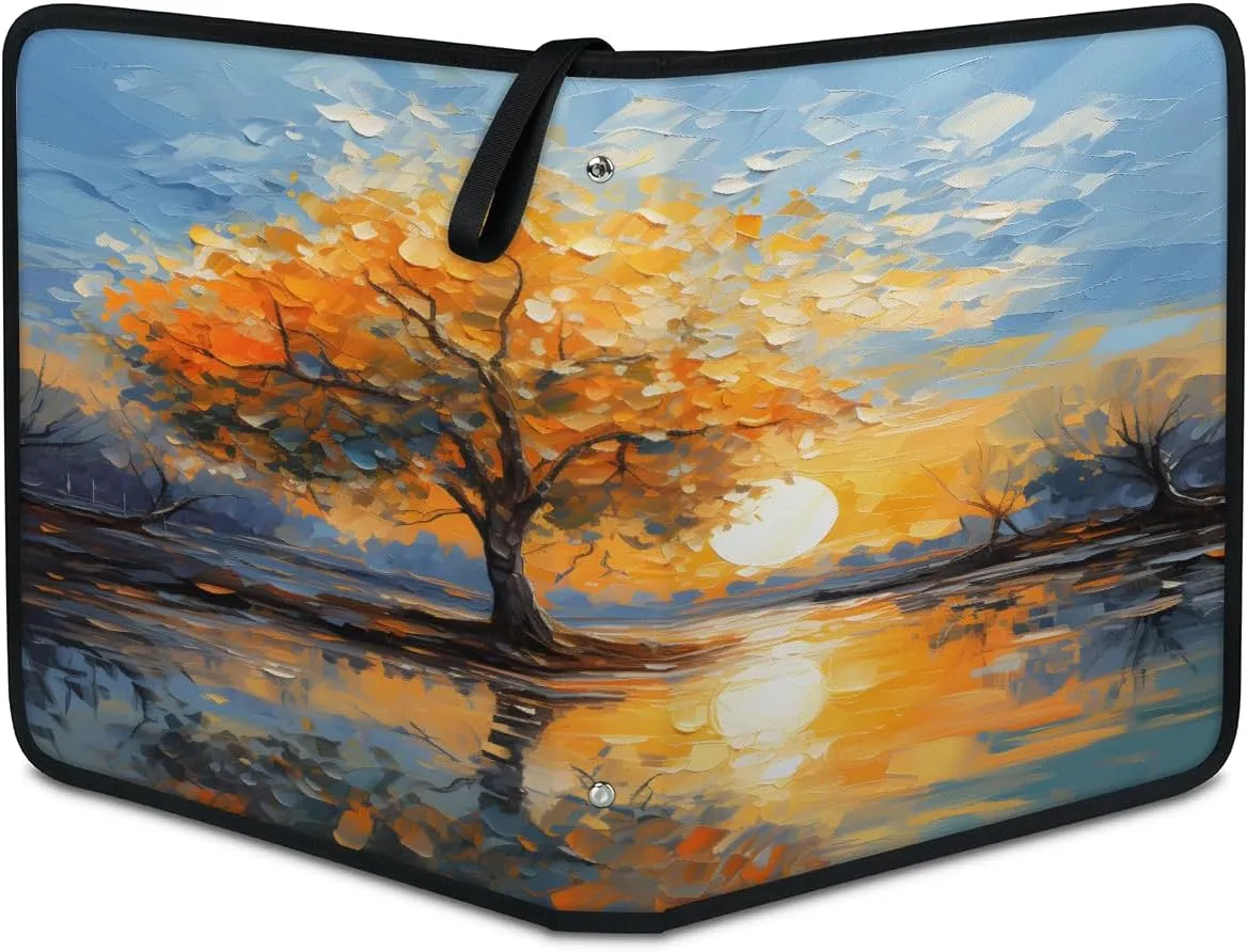 Oil Painting Tree 3 Ring Trading Zipper Binder Strap, Trading Card Binder 9 Pocket, 900 Pockets Card Holder with 50 Removable Sleeves for Game Cards
