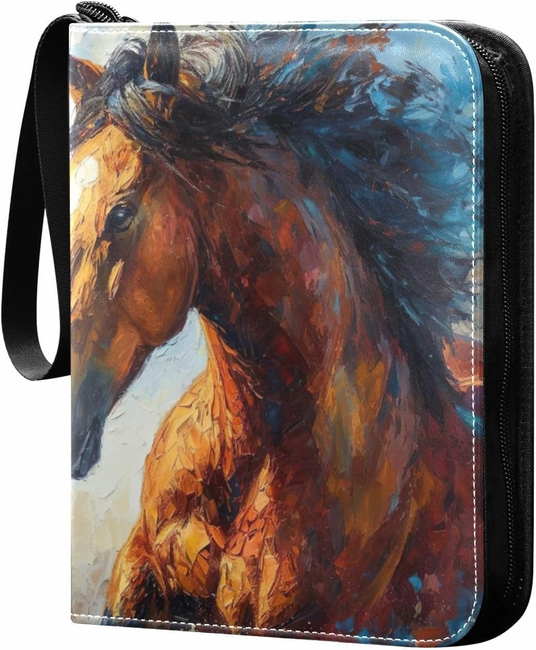 Oil Painting Horse Card Binder 4-Pocket, 400 Pockets Card Holder with 50 Removable Sleeves and Zipper for Games Baseball Football Sports Card