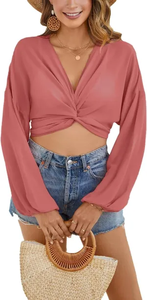 olrain Women Tie Front Beach Cove Up Chiffon Kimono Crop Top Swimming Bikini Bathing Long Sleeve Beach Shirt for Women