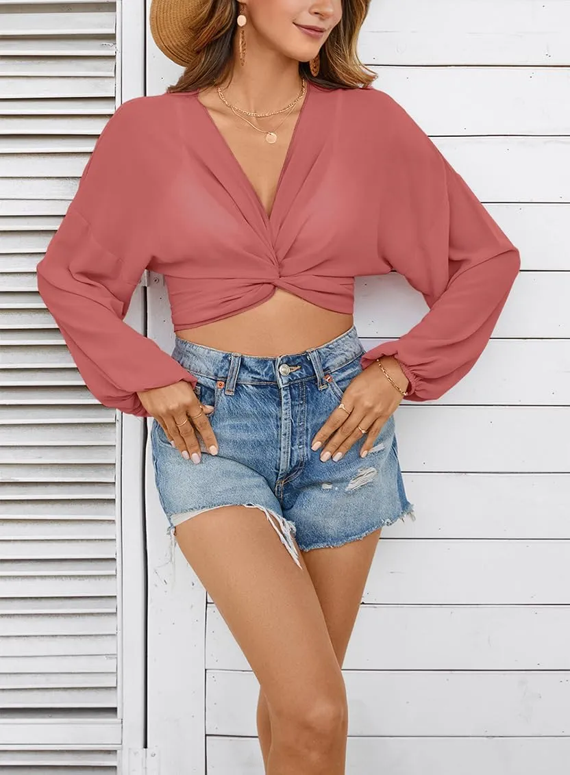olrain Women Tie Front Beach Cove Up Chiffon Kimono Crop Top Swimming Bikini Bathing Long Sleeve Beach Shirt for Women