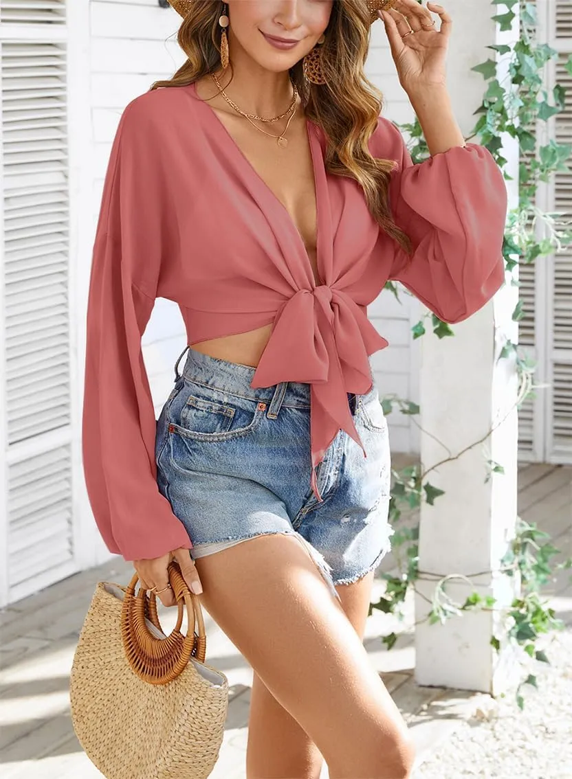 olrain Women Tie Front Beach Cove Up Chiffon Kimono Crop Top Swimming Bikini Bathing Long Sleeve Beach Shirt for Women