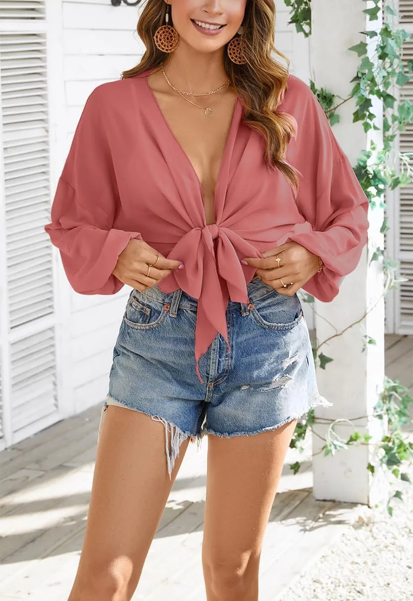 olrain Women Tie Front Beach Cove Up Chiffon Kimono Crop Top Swimming Bikini Bathing Long Sleeve Beach Shirt for Women
