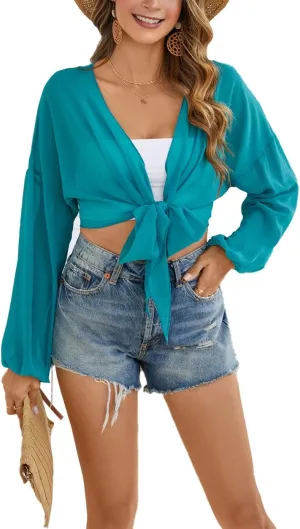 olrain Women Tie Front Beach Cove Up Chiffon Kimono Crop Top Swimming Bikini Bathing Long Sleeve Beach Shirt for Women