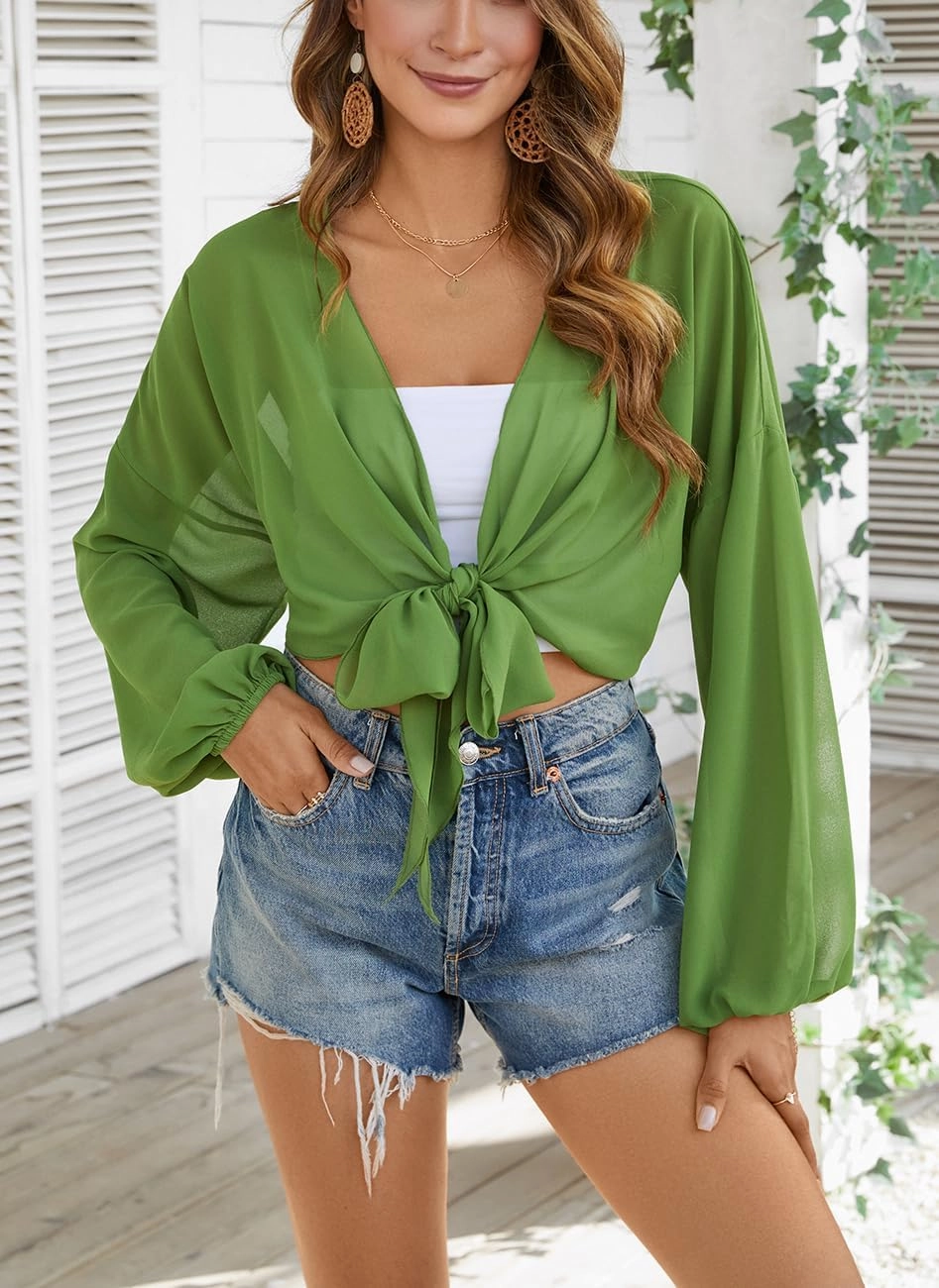 olrain Women Tie Front Beach Cove Up Chiffon Kimono Crop Top Swimming Bikini Bathing Long Sleeve Beach Shirt for Women