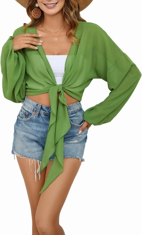 olrain Women Tie Front Beach Cove Up Chiffon Kimono Crop Top Swimming Bikini Bathing Long Sleeve Beach Shirt for Women