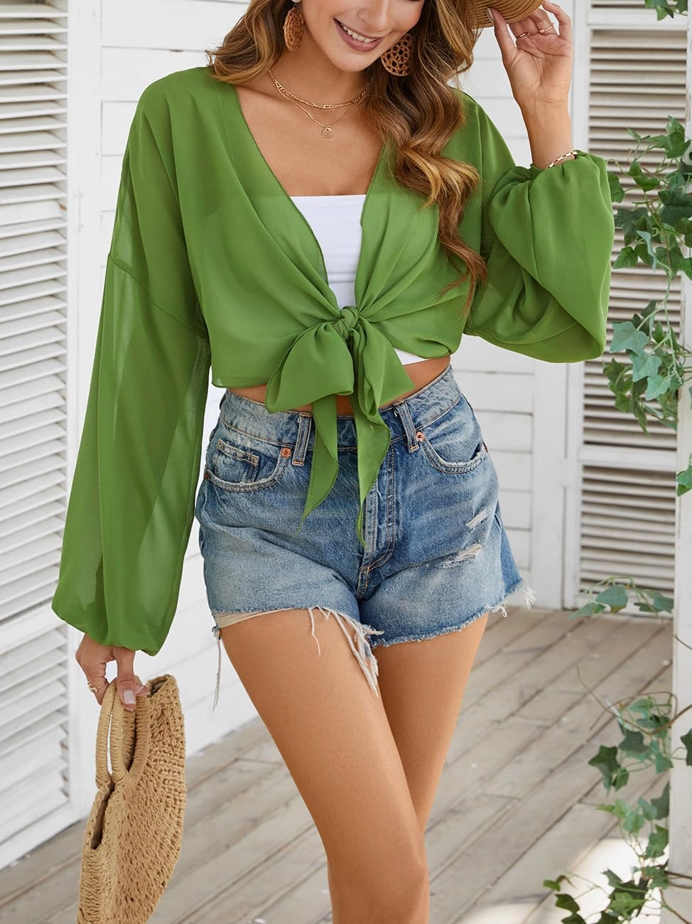 olrain Women Tie Front Beach Cove Up Chiffon Kimono Crop Top Swimming Bikini Bathing Long Sleeve Beach Shirt for Women