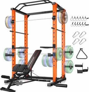 OPPSDECOR Power Cage, Multi-Function Power Rack with Adjustable Cable Pulley System, Squat Rack with Pull-up Bar, J-Hooks, More Training Attachment for Home Gym