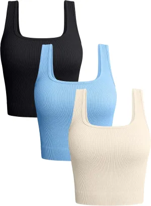 OQQ Women's 3 Piece Tank Tops Ribbed Seamless Workout Exercise Shirts 2025 Summer Basic Camis
