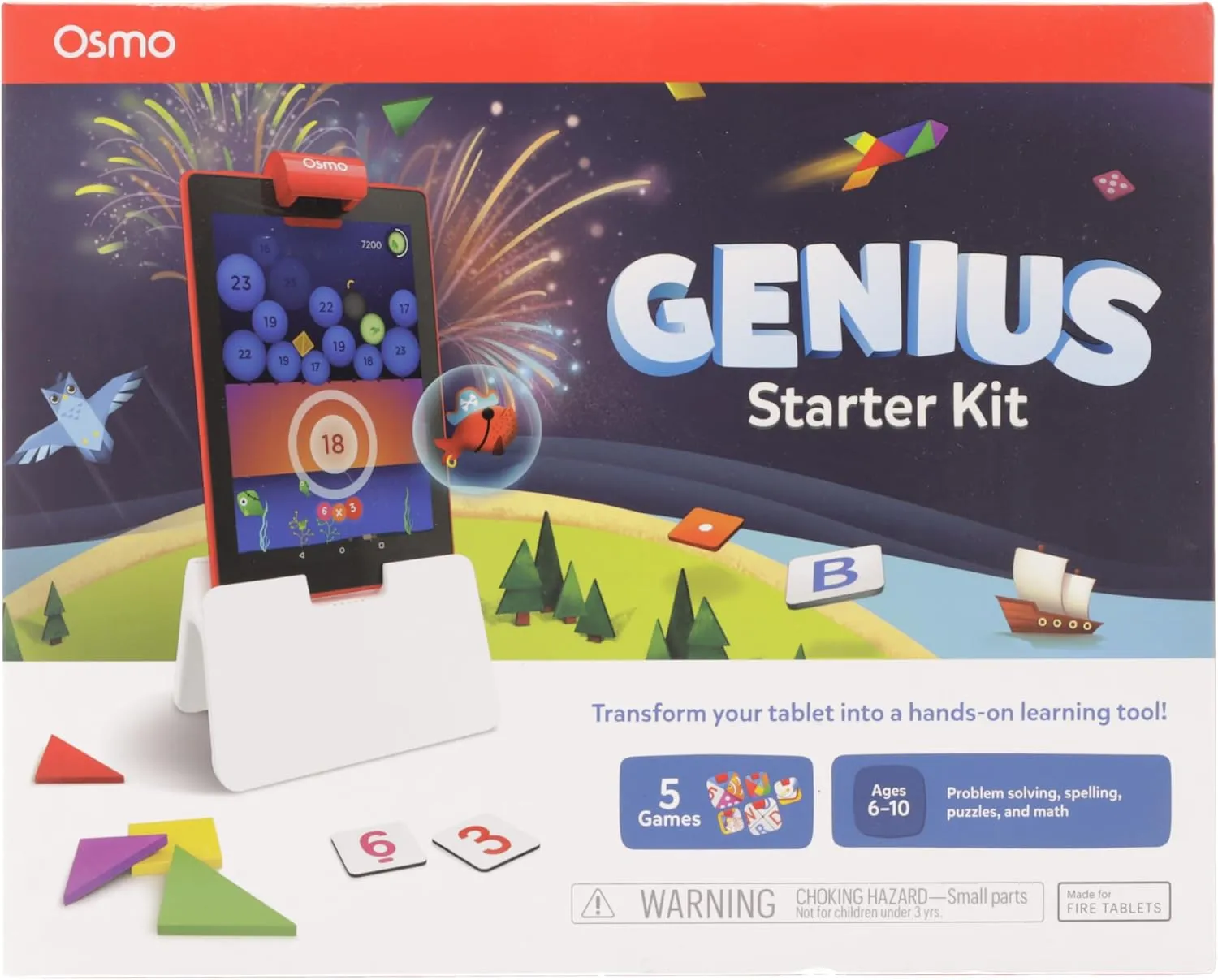 Osmo - Genius Starter Kit for Fire Tablet-5 Educational Learning Games-Ages 6-10-Spelling, Math & Creativity-STEM Toy Gifts-Boy & Girl-Ages 6 7 8 9 10(Osmo Fire Tablet Base Included-Amazon Exclusive)