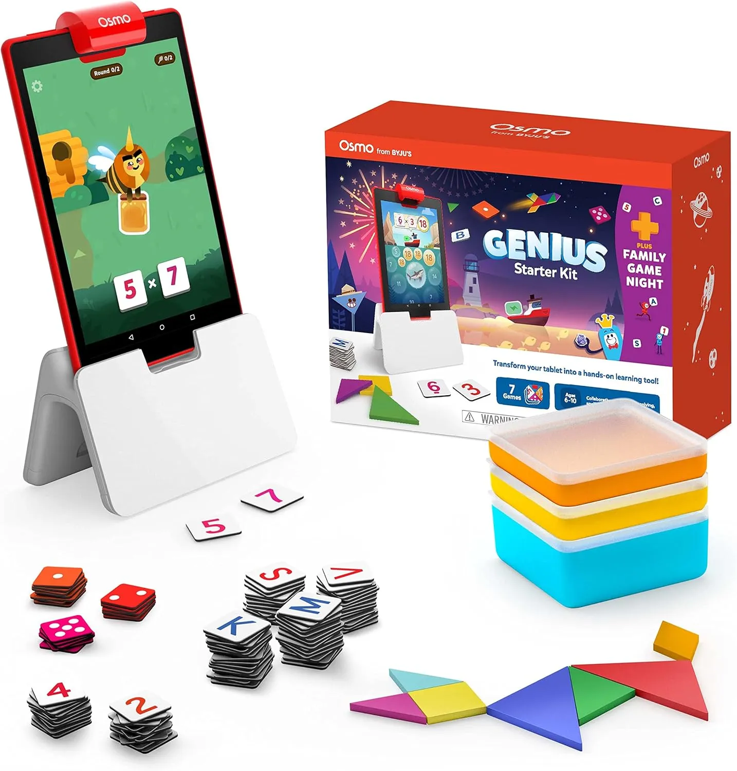 Osmo-Genius Starter Kit for Fire Tablet   Family Game Night-7 Educational Learning Games for Spelling,Math & more-Ages 6-10-STEM Toy Gifts- 6 7 8 9 10(Osmo Fire Tablet Base Included-Amazon Exclusive)