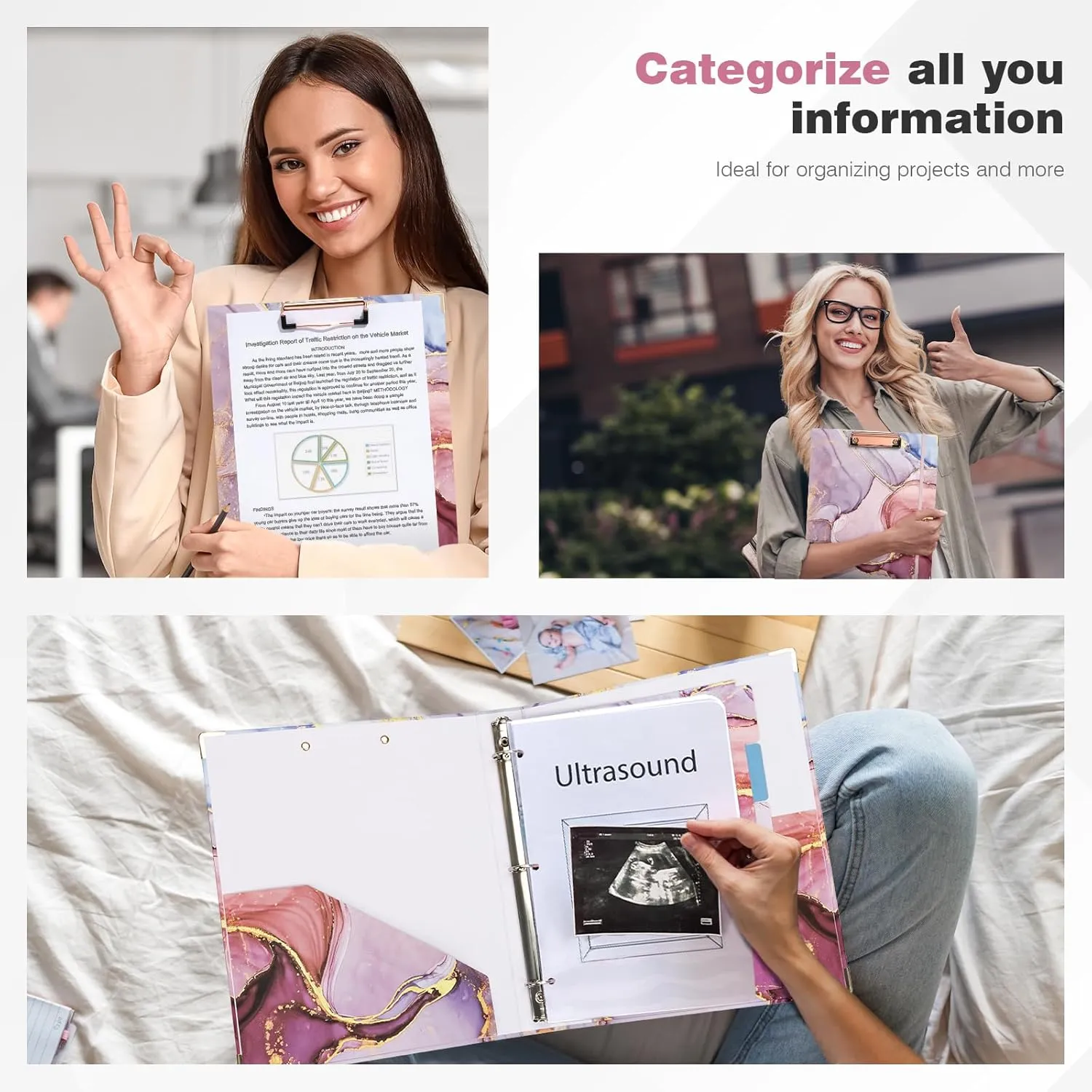 Ospelelf 3 Ring Binder, 1 Inch, Cute Pink Marble Binder for Letter Size (11" x 8.5") with 5 Tab Dividers, File Folder Labels and Low Profile Clipboards