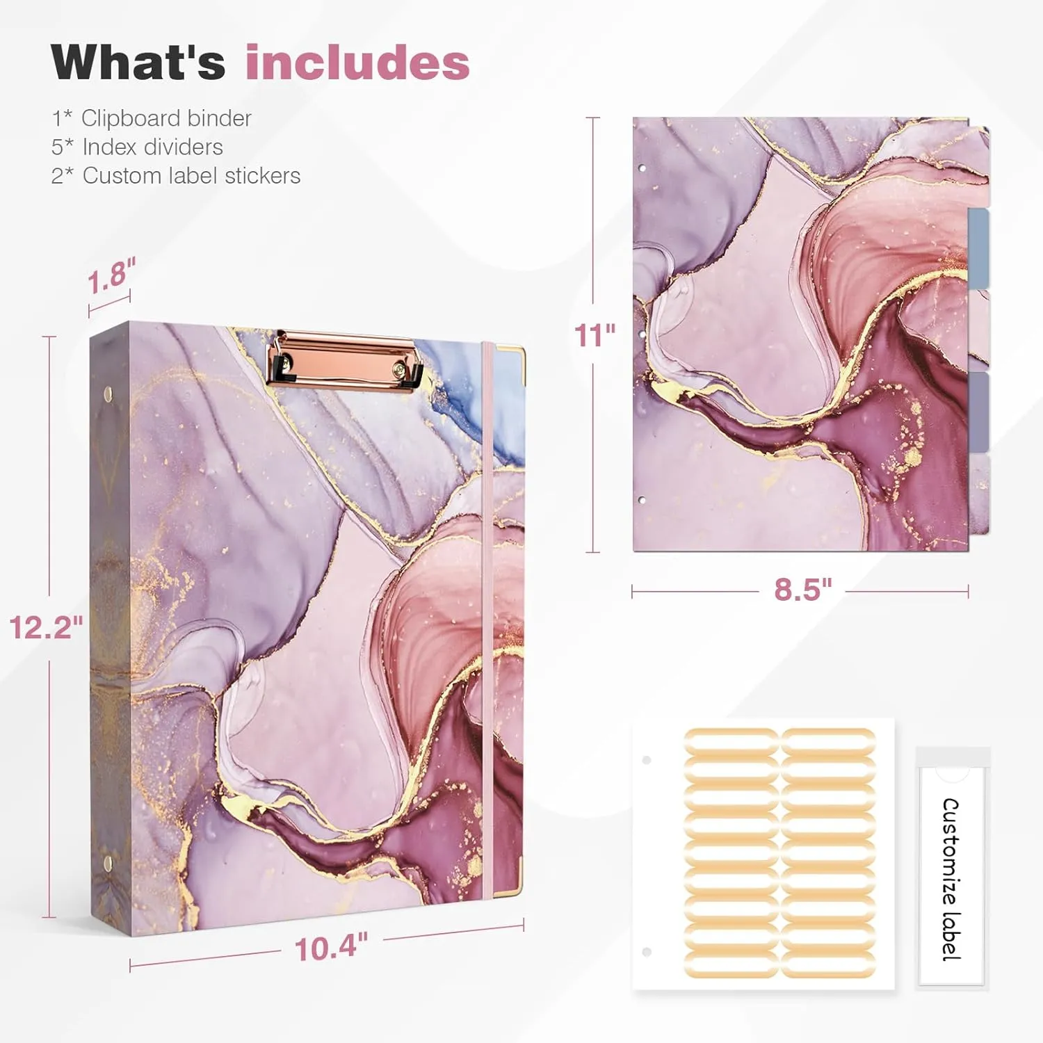 Ospelelf 3 Ring Binder, 1 Inch, Cute Pink Marble Binder for Letter Size (11" x 8.5") with 5 Tab Dividers, File Folder Labels and Low Profile Clipboards
