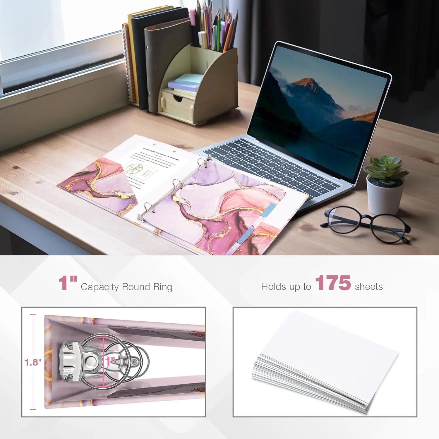 Ospelelf 3 Ring Binder, 1 Inch, Cute Pink Marble Binder for Letter Size (11" x 8.5") with 5 Tab Dividers, File Folder Labels and Low Profile Clipboards