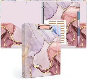 Ospelelf 3 Ring Binder, 1 Inch, Cute Pink Marble Binder for Letter Size (11" x 8.5") with 5 Tab Dividers, File Folder Labels and Low Profile Clipboards