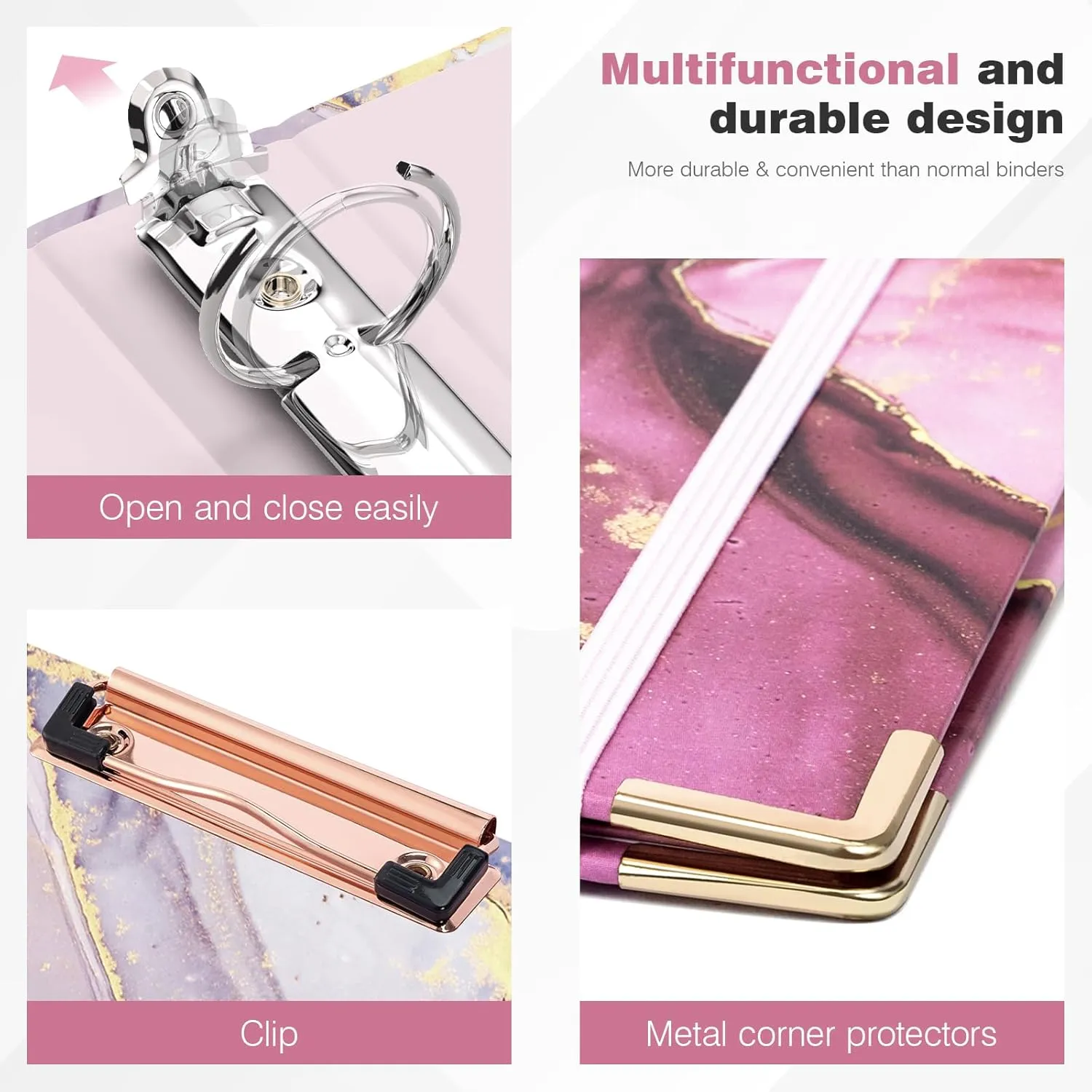 Ospelelf 3 Ring Binder, 1 Inch, Cute Pink Marble Binder for Letter Size (11" x 8.5") with 5 Tab Dividers, File Folder Labels and Low Profile Clipboards