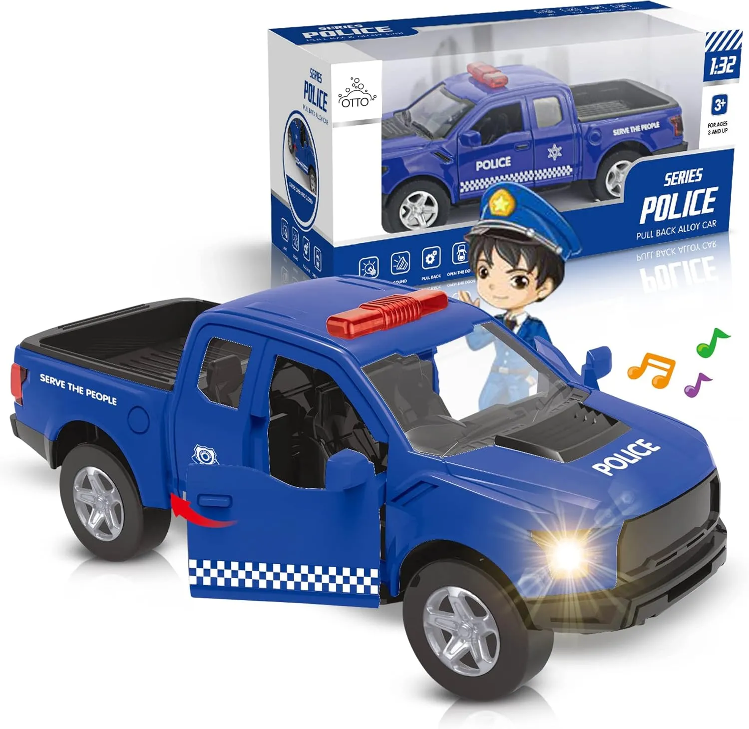 Otto Police Car, Pull-Back Metal Strong Car, Doors Open & Close, Lights & Sirens, Interactive Kids Toy - for Boys & Girls Age 3 and Up