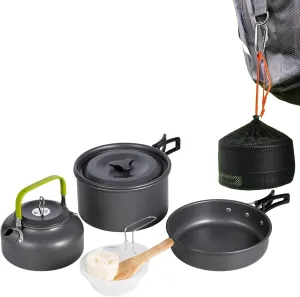 Outdoor Aluminum Camping Frying Pan Mess Kit,Folding Cookset Camping Teapot and Pan,Non-Stick Lightweight Pots, Pans with Mesh Storage Bag