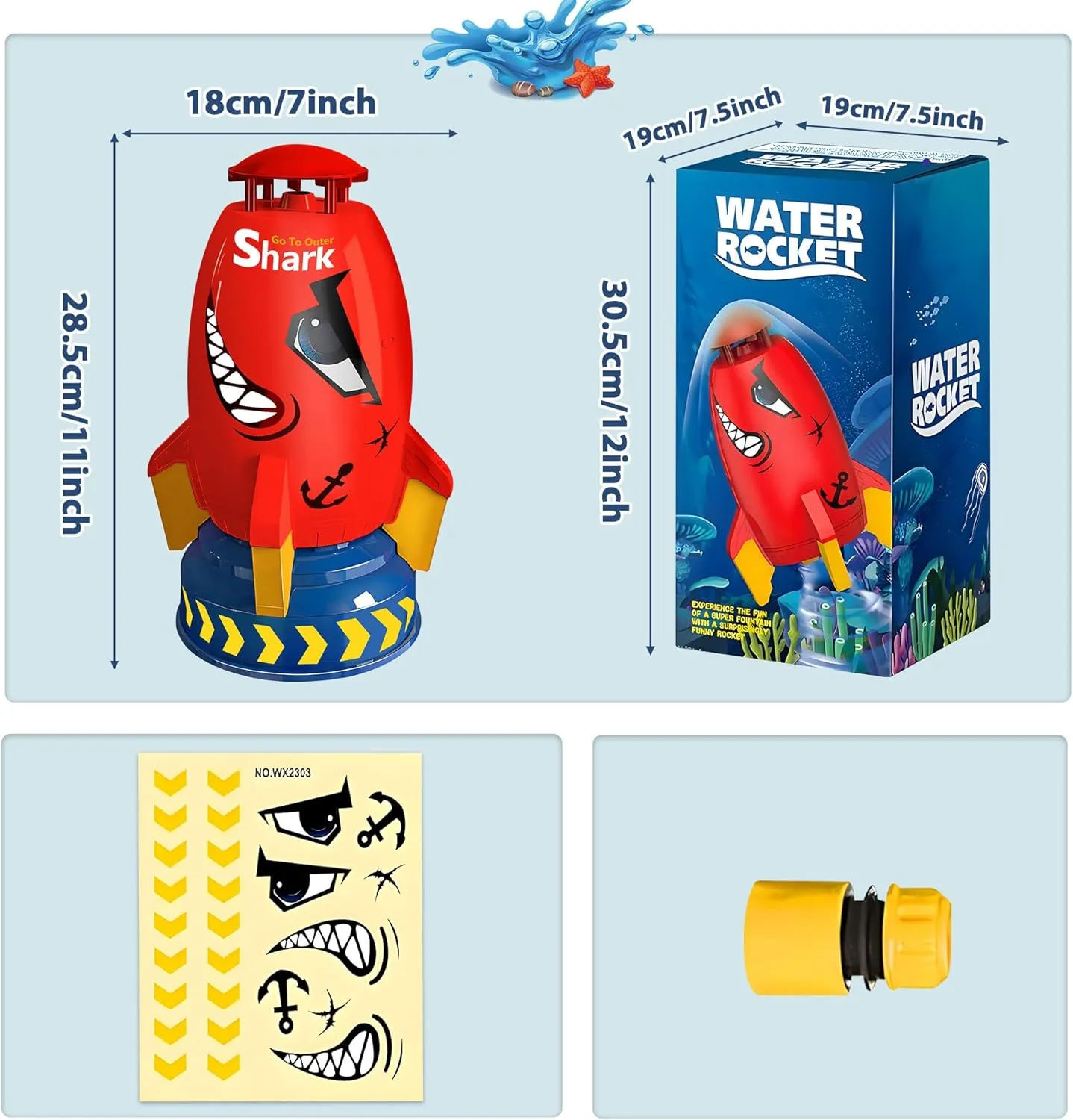 Outdoor Water Sprinkler for Kids Outdoor Water Rocket Splash, Kids Sprinkler for Outside Backyard, Summer Fun Pool Rocket Toys for Toddler Ages 3  Gift Ideas, Red