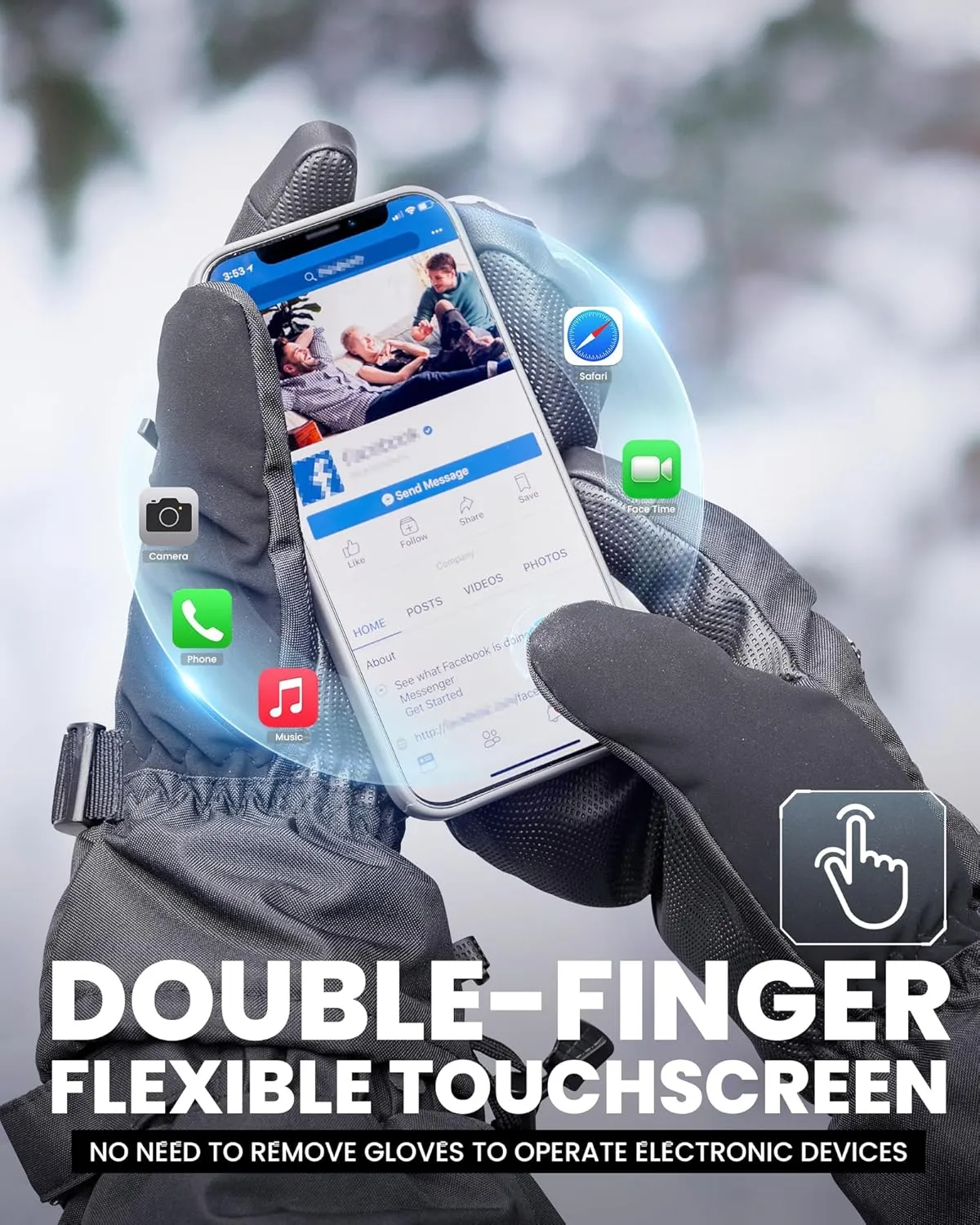OutdoorMaster 3-Finger Ski Gloves for Women & Men, Waterproof & Windproof Ski Mittens, Winter Warm Snowboarding Gloves with Double-Pocket