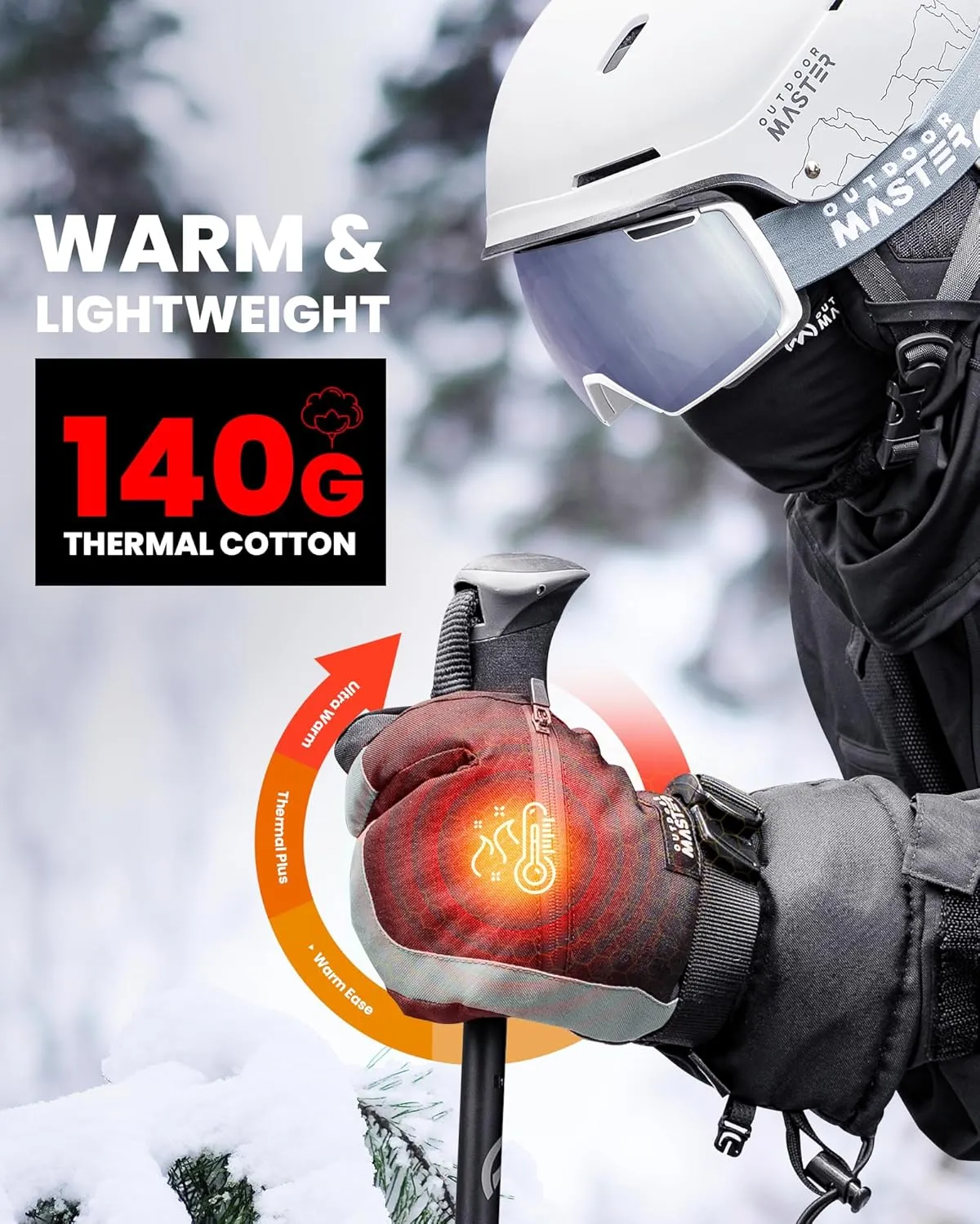 OutdoorMaster 3-Finger Ski Gloves for Women & Men, Waterproof & Windproof Ski Mittens, Winter Warm Snowboarding Gloves with Double-Pocket