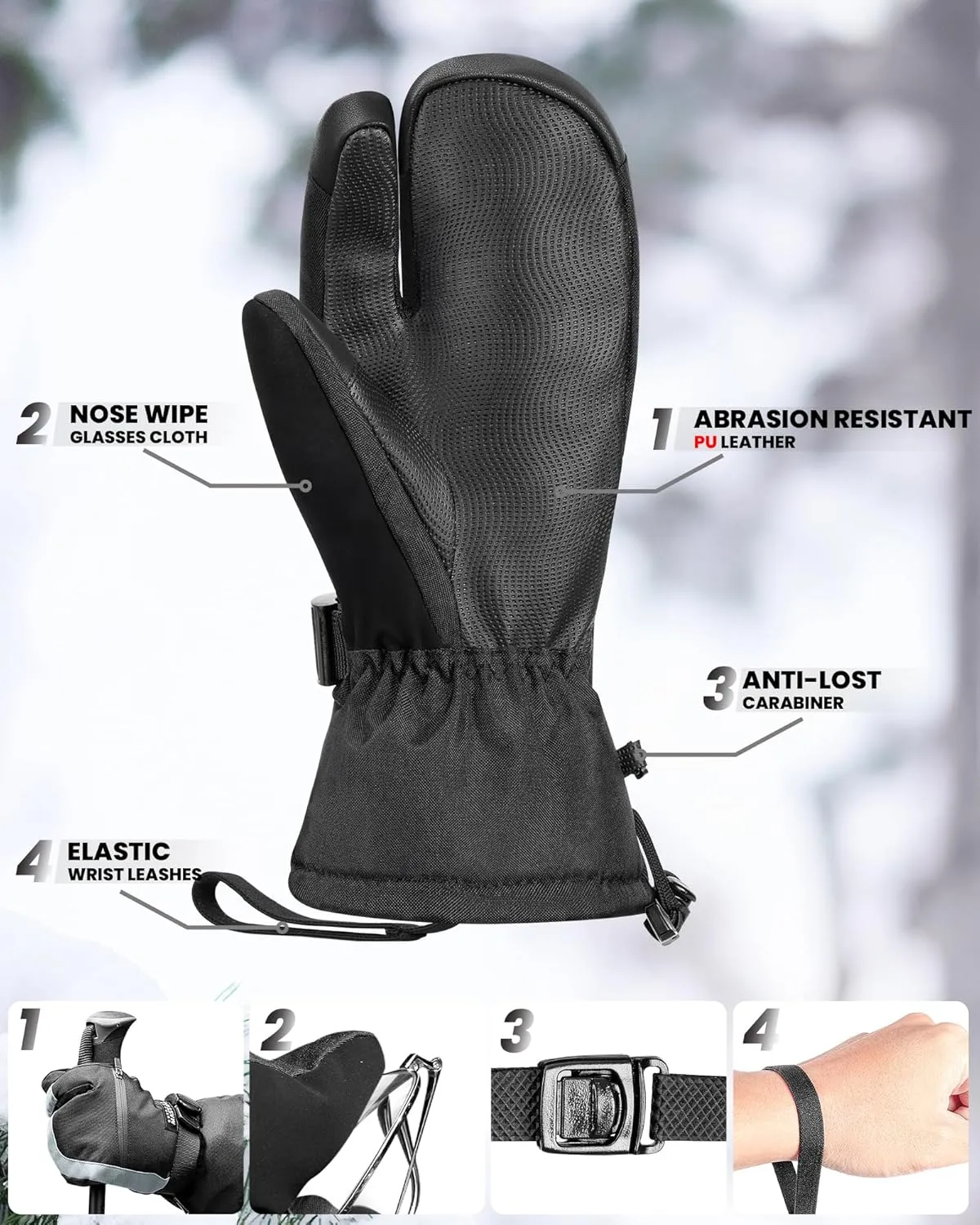 OutdoorMaster 3-Finger Ski Gloves for Women & Men, Waterproof & Windproof Ski Mittens, Winter Warm Snowboarding Gloves with Double-Pocket