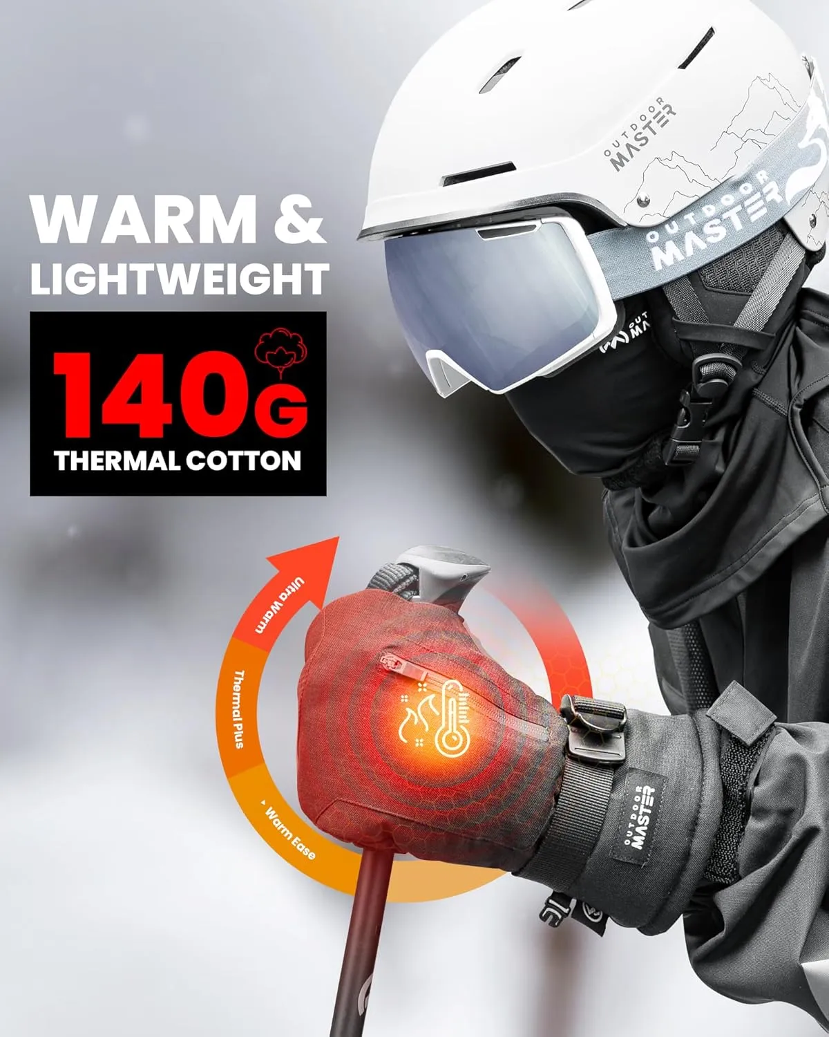 OutdoorMaster Ski Mittens for Women & Men, Waterproof & Windproof Ski Gloves, Winter Warm Snowboarding Gloves