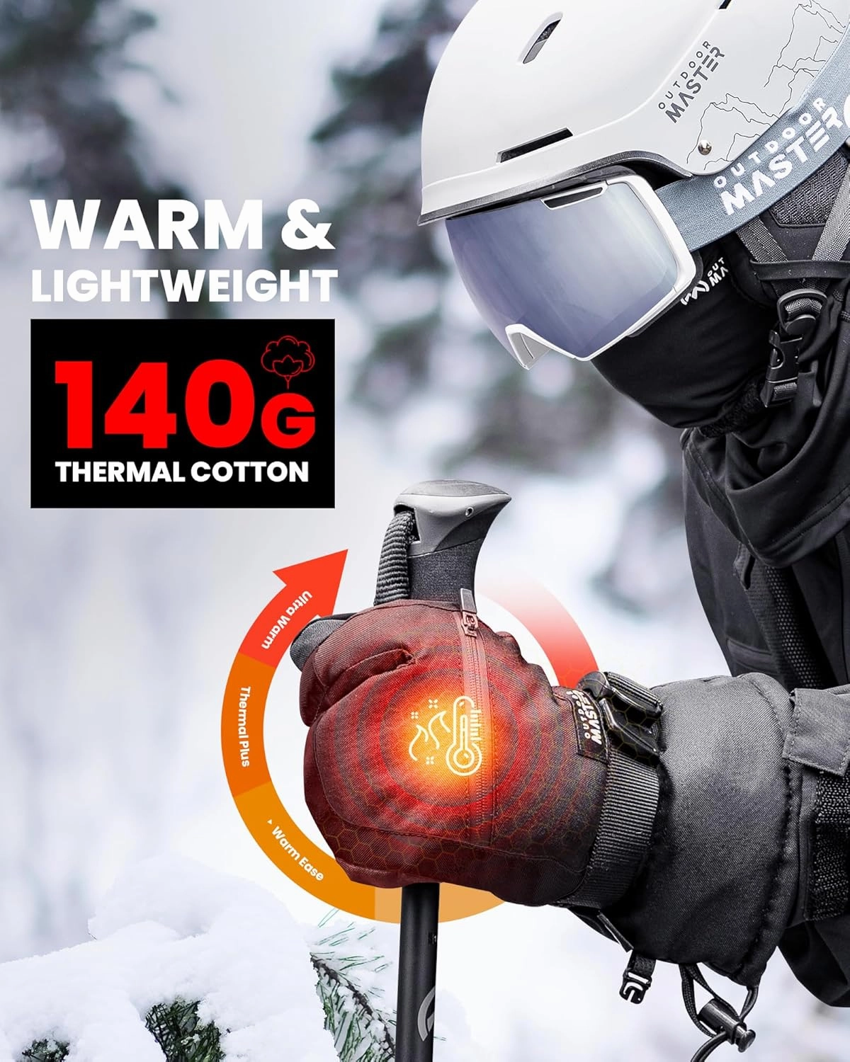 OutdoorMaster 3-Finger Ski Gloves for Women & Men, Waterproof & Windproof Ski Mittens, Winter Warm Snowboarding Gloves with Double-Pocket
