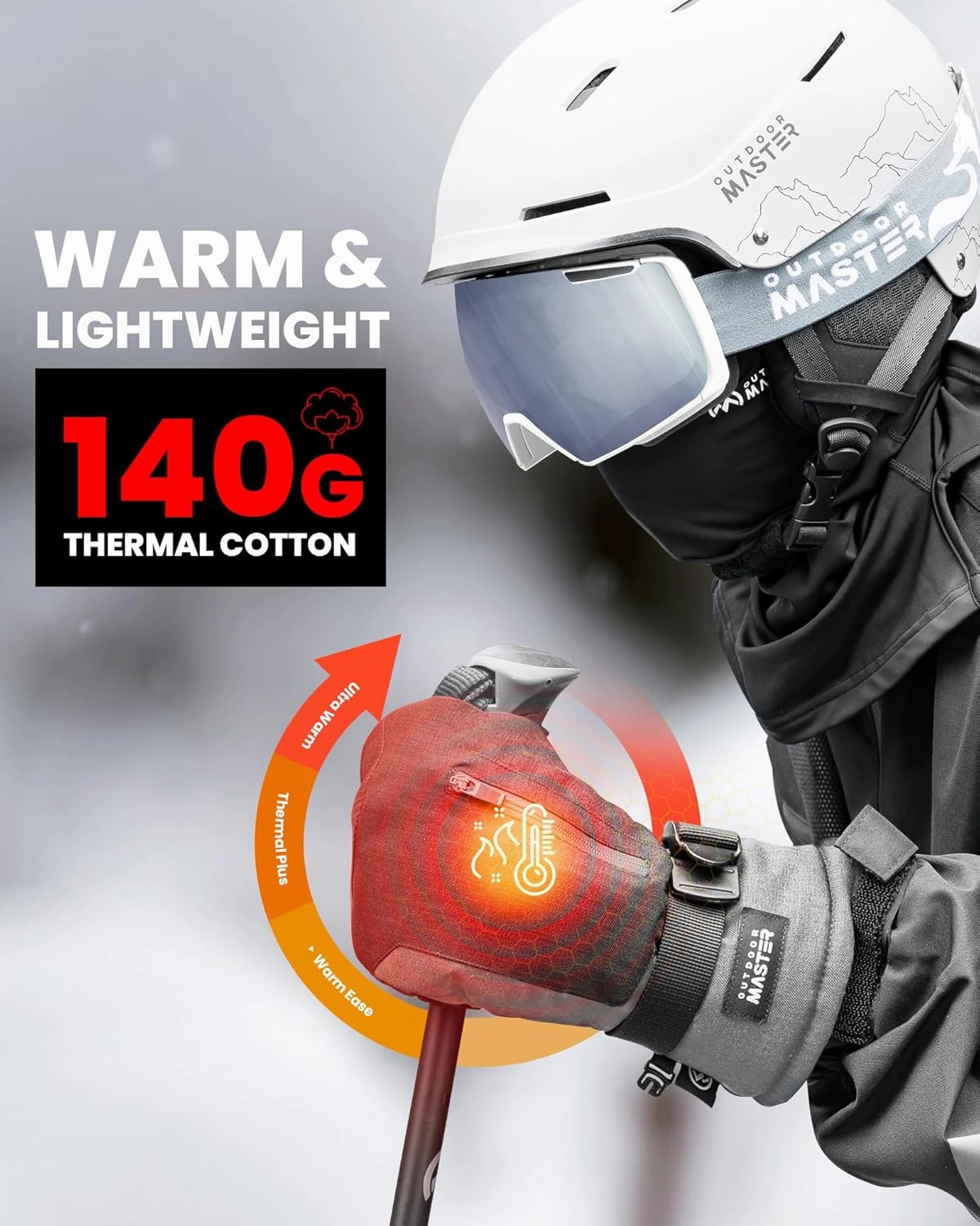 OutdoorMaster Ski Mittens for Women & Men, Waterproof & Windproof Ski Gloves, Winter Warm Snowboarding Gloves