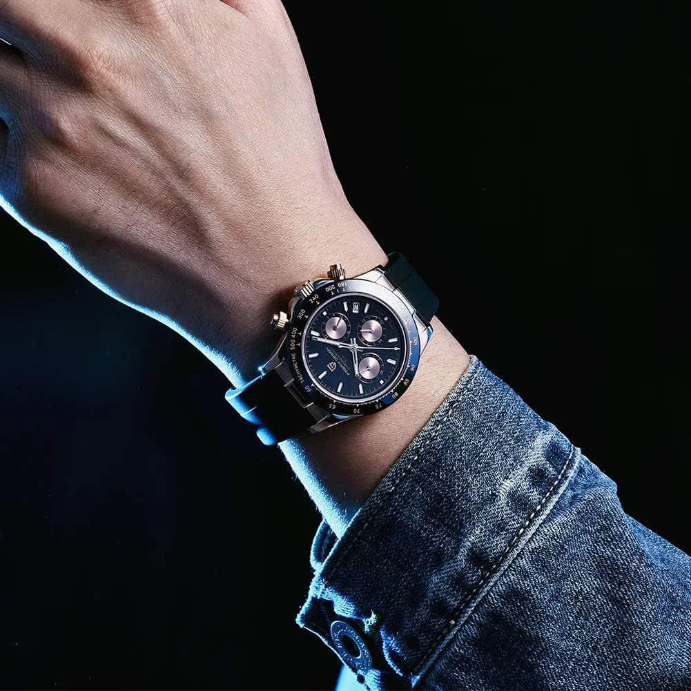 Pagani Design Luxury Men's Automatic Mechanical Watches Skeleton Dial Stainless Steel Rainbow Bezel Rubber Strap 100M Waterproof Sports Wristwatch