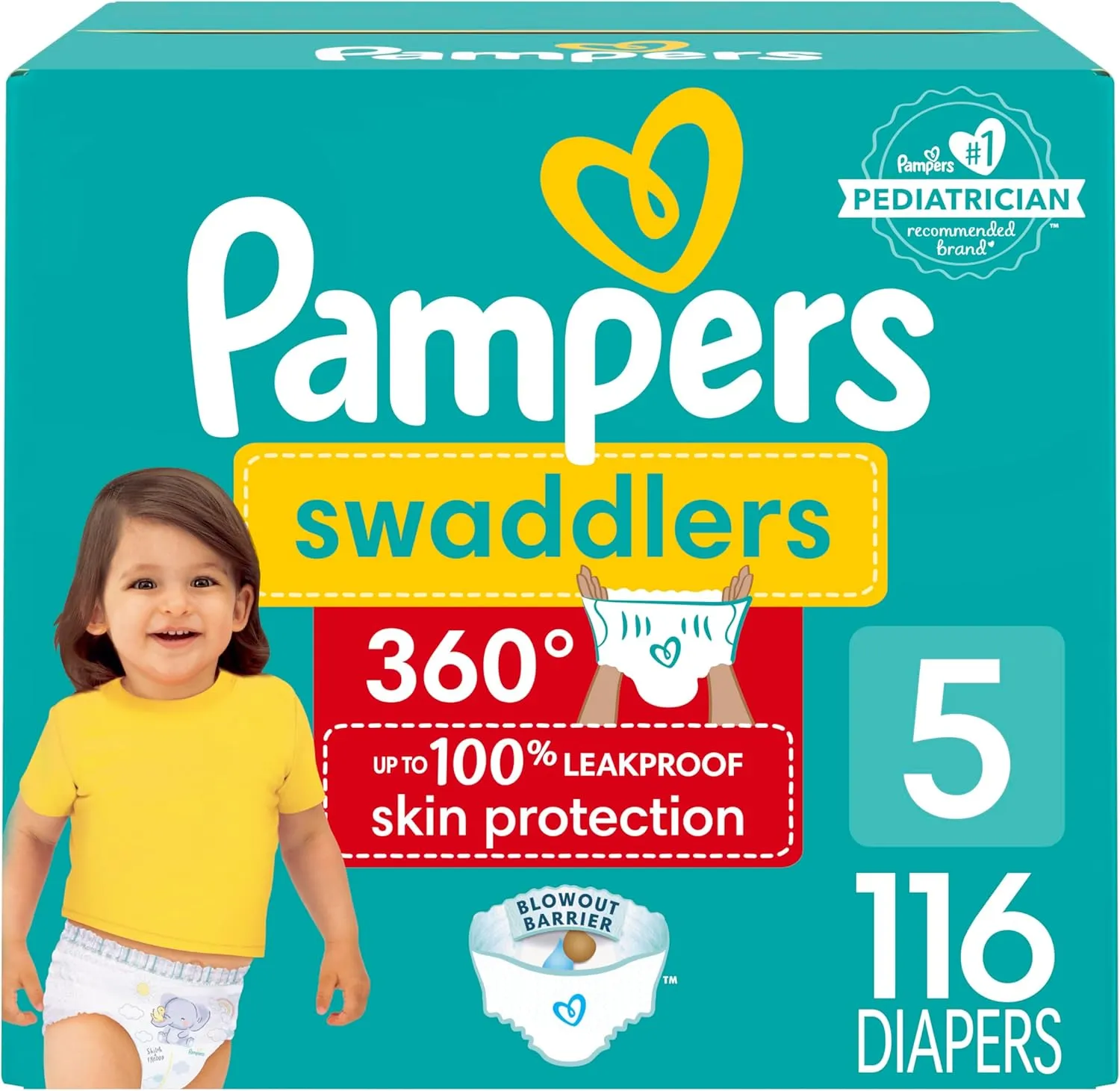 Pampers Diapers - Swaddlers 360 - Size 5, 116 Count, for up to 100% Leakproof Premium Skin Protection