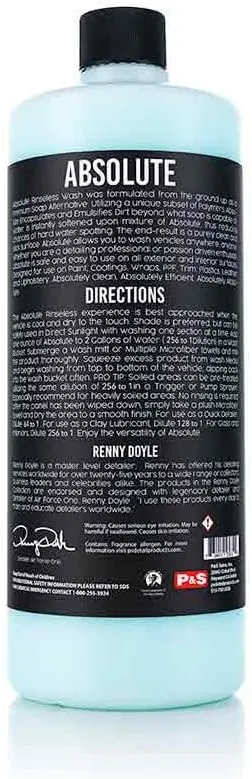 P&S Professional Detail Products Absolute Rinseless Wash – Premium Soap Alternative, Emulsifies Dirt, Softens Water, Safe on Paint, Coatings, Wraps, PPF & Interior Surfaces - 1 Quart