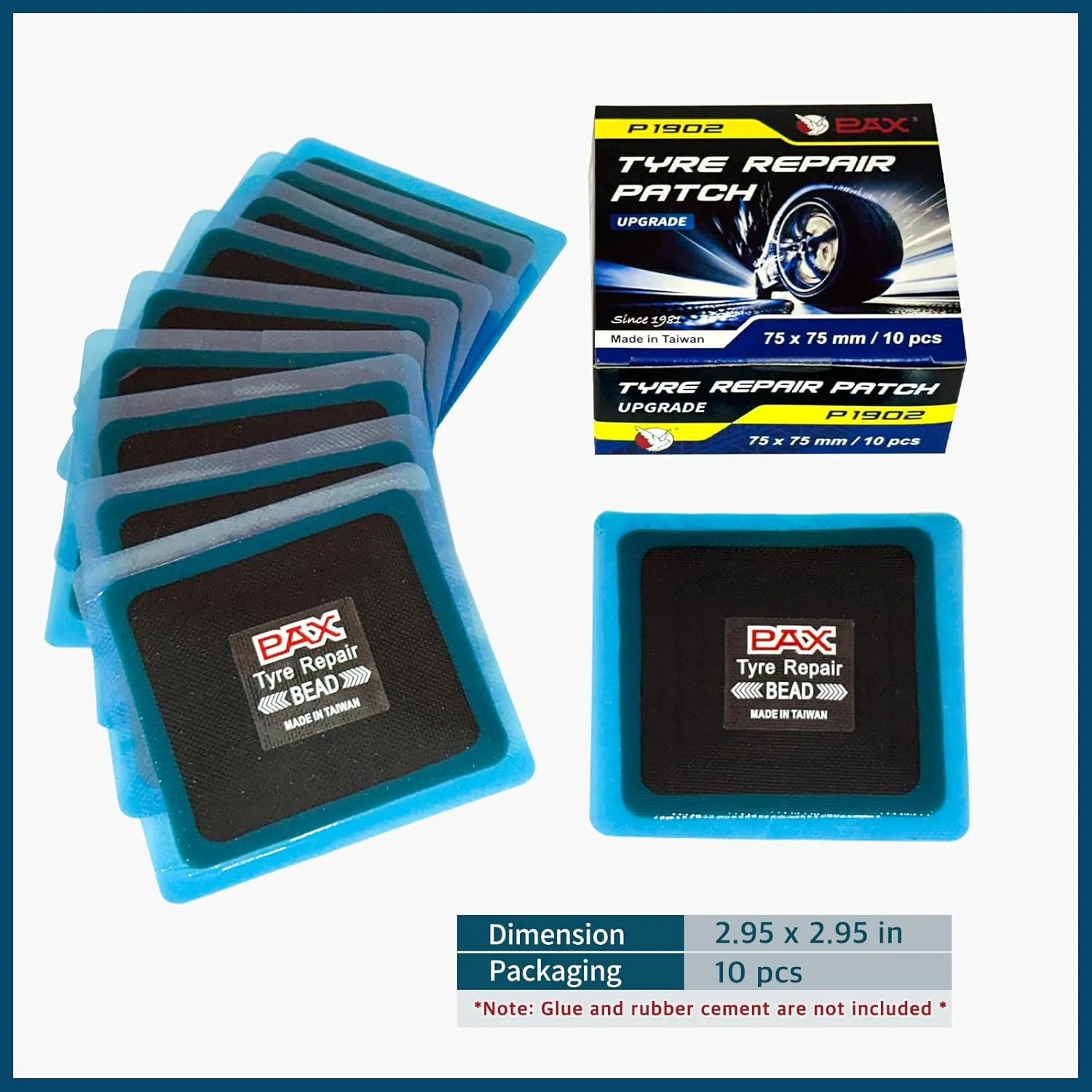 PAX 10 Pcs 75x75mm Upgraded Square 2-in-1 Tire Repair Patches, Suitable for Radial and Bias Tires on Motorcycle, Car, Truck, Agricultural Vehicles, BMX, ATVs, Inflatable Rubber