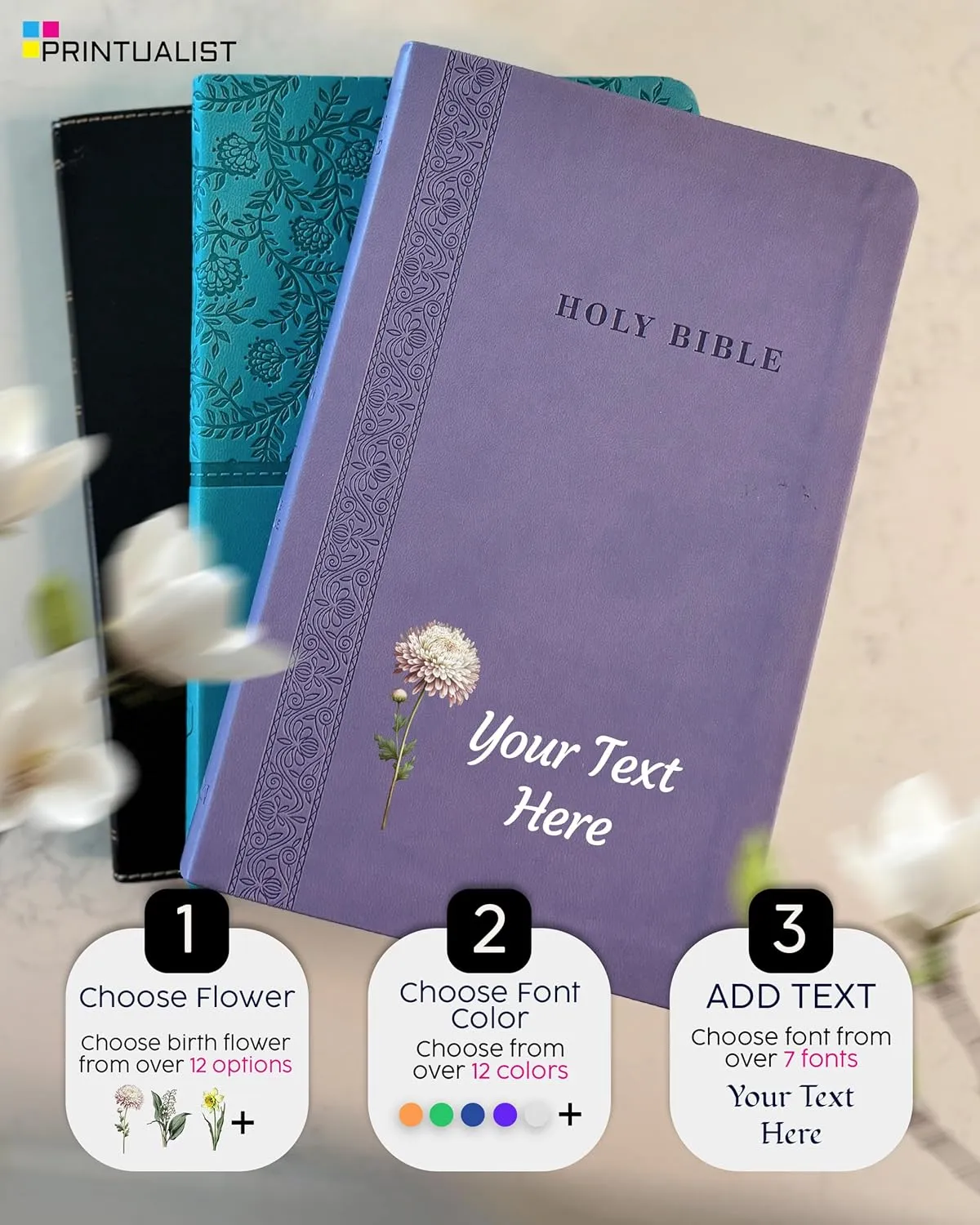 Personalized Birth Flower Thinline Reference Bible, Christian Mother's Day Gift, Bible with Custom Name, KJV, King James Version, Red Letter, Flexisoft, Lavender