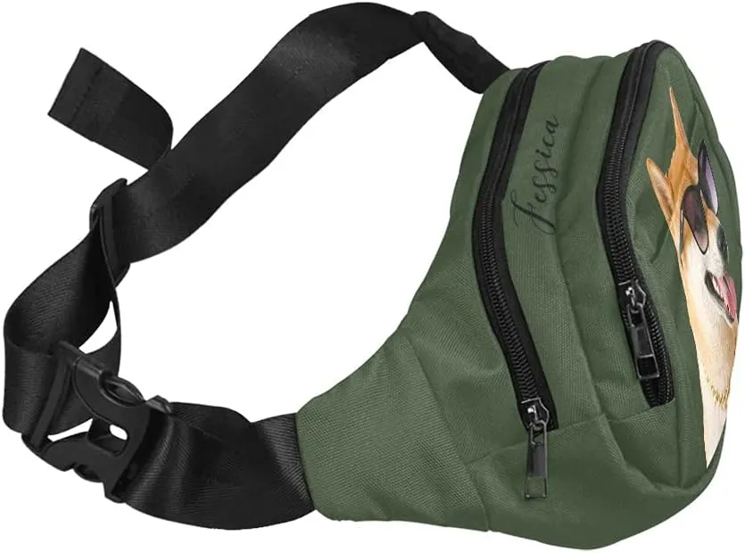 Personalized Fanny Bag for Women Men with Photo Name, Customized Picture Fashion Waist Bag Water Resistant Hip Bum Bag with Adjustable Belt for Travel Hiking Cycling Running (army green)
