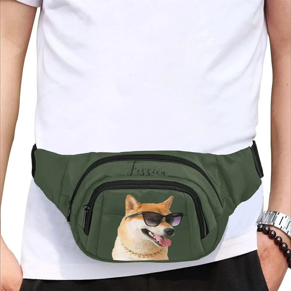 Personalized Fanny Bag for Women Men with Photo Name, Customized Picture Fashion Waist Bag Water Resistant Hip Bum Bag with Adjustable Belt for Travel Hiking Cycling Running (army green)
