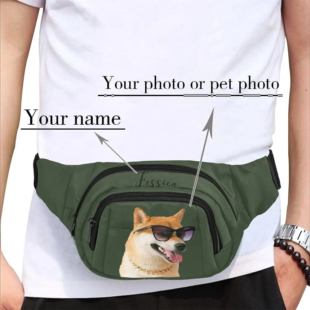 Personalized Fanny Bag for Women Men with Photo Name, Customized Picture Fashion Waist Bag Water Resistant Hip Bum Bag with Adjustable Belt for Travel Hiking Cycling Running (army green)