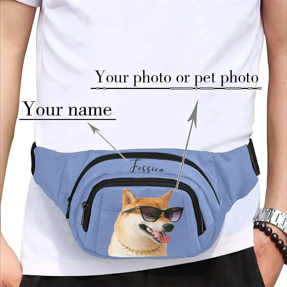 Personalized Fanny Bag for Women Men with Photo Name, Customized Picture Fashion Waist Bag Water Resistant Hip Bum Bag with Adjustable Belt for Travel Hiking Cycling Running (blue)