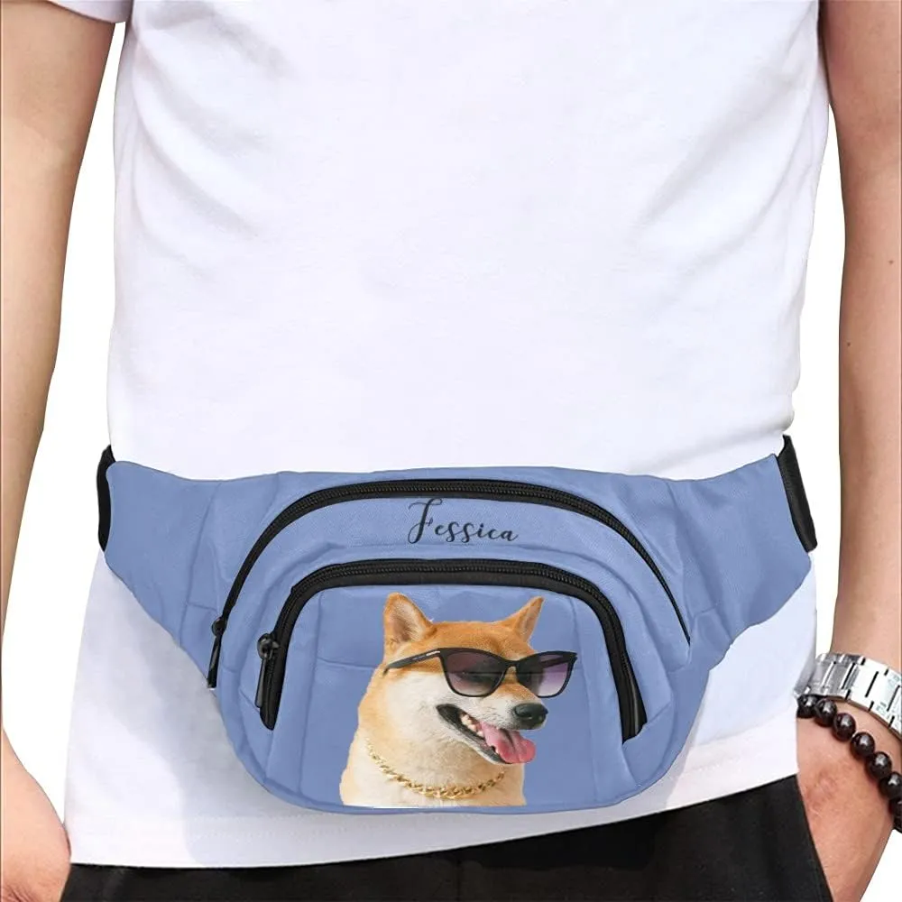 Personalized Fanny Bag for Women Men with Photo Name, Customized Picture Fashion Waist Bag Water Resistant Hip Bum Bag with Adjustable Belt for Travel Hiking Cycling Running (blue)