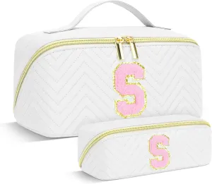 Personalized Initial Makeup Bag | Trendy Cosmetic Bags Travel Toiletry Bag for Teen Girls Women Girlfriend, mother's day/graduation/Birthday day Gifts Portable Make up Bag Leather Waterproof Organizer